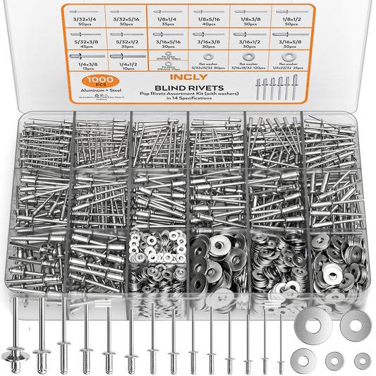 INCLY 1000PCS Aluminum Pop Rivets Assortment Kit, 14 Sizes Pop Rivets (3/32" 1/8" 5/32" 3/16" 1/4") with 5 Size 304 Stainless Steel Backup Washers, Assorted Blind Rivets for Metal with Storage Case