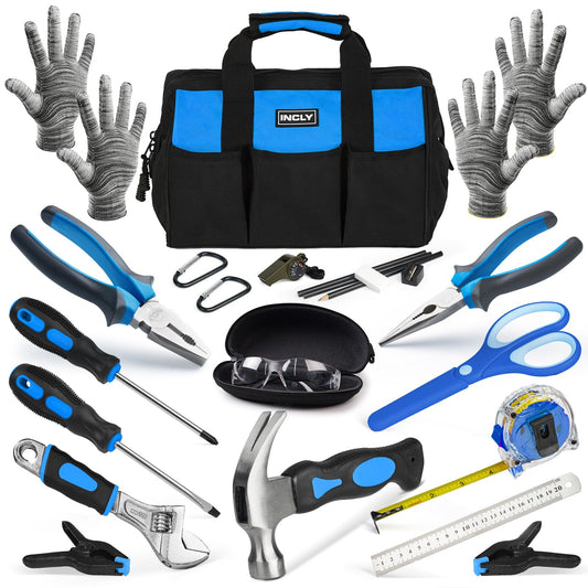 INCLY 24 PCS Real Tool Set with Tool Bag, Small Real Hand Tools Kit, Construction Learning Tools Hammer Screwdriver for Home DIY Building and Woodworking