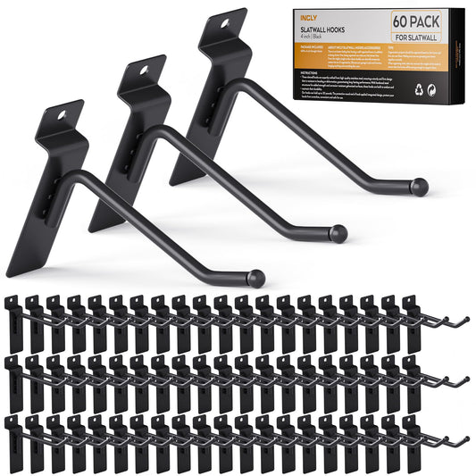 INCLY 60 Pack Slatwall Hooks, 4 Inch Heavy Duty Black Slat Wall Hanging Hook and Hanger, Slatwall Panel Accessories Assortment Display Hooks for Garages, Sheds, Basements, Retail Stores