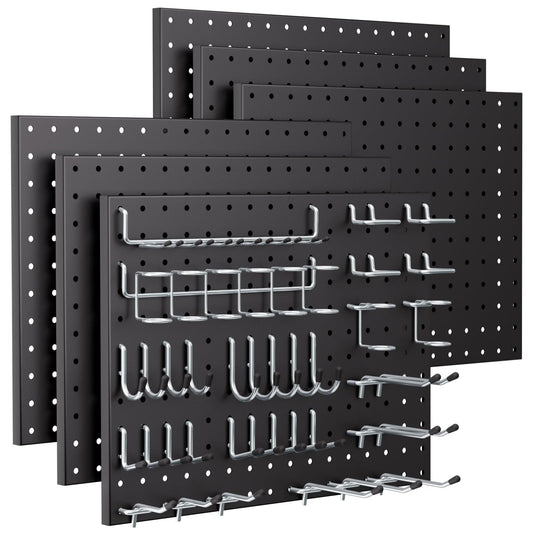 INCLY 90PCS Pegboard Wall Organizer, 6 Pack Metal Peg Board Panels with 1/4" Pegboard Hooks Accessories Kit, Black Peg Board for Walls Home, Garage Tool Storage, Workbench Organization