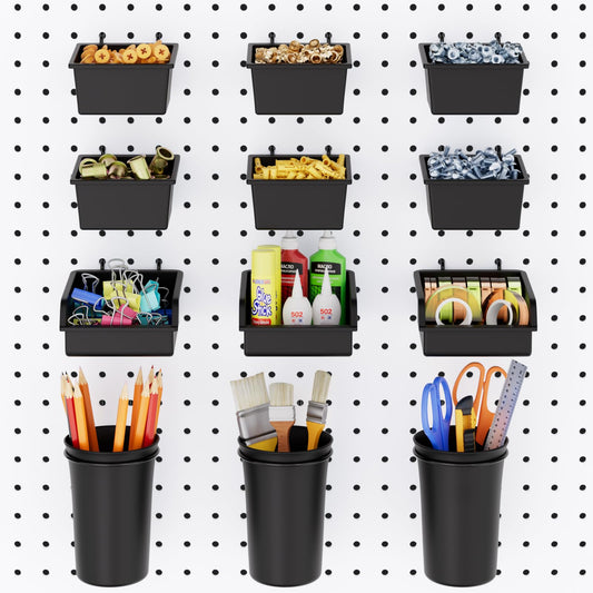 INCLY 12 Pack Pegboard Bins & Cups with Hooks, Peg Board Organizer Accessories Assortment Kit, Peg Board Tools Accessory Storage for 1/8“ and 1/4” Pegboard Garage Workbench Craft Room Office Hobby