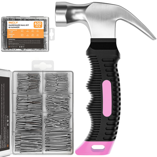 INCLY 620 PCS Small Nails for Hanging Pictures Assortment Kit with 8oz Pink Small Hammer, Mini Hammer Set with Hardware Nails Assorted Set 310 Wall Nails & 310 Finish Nails for Installing with Case