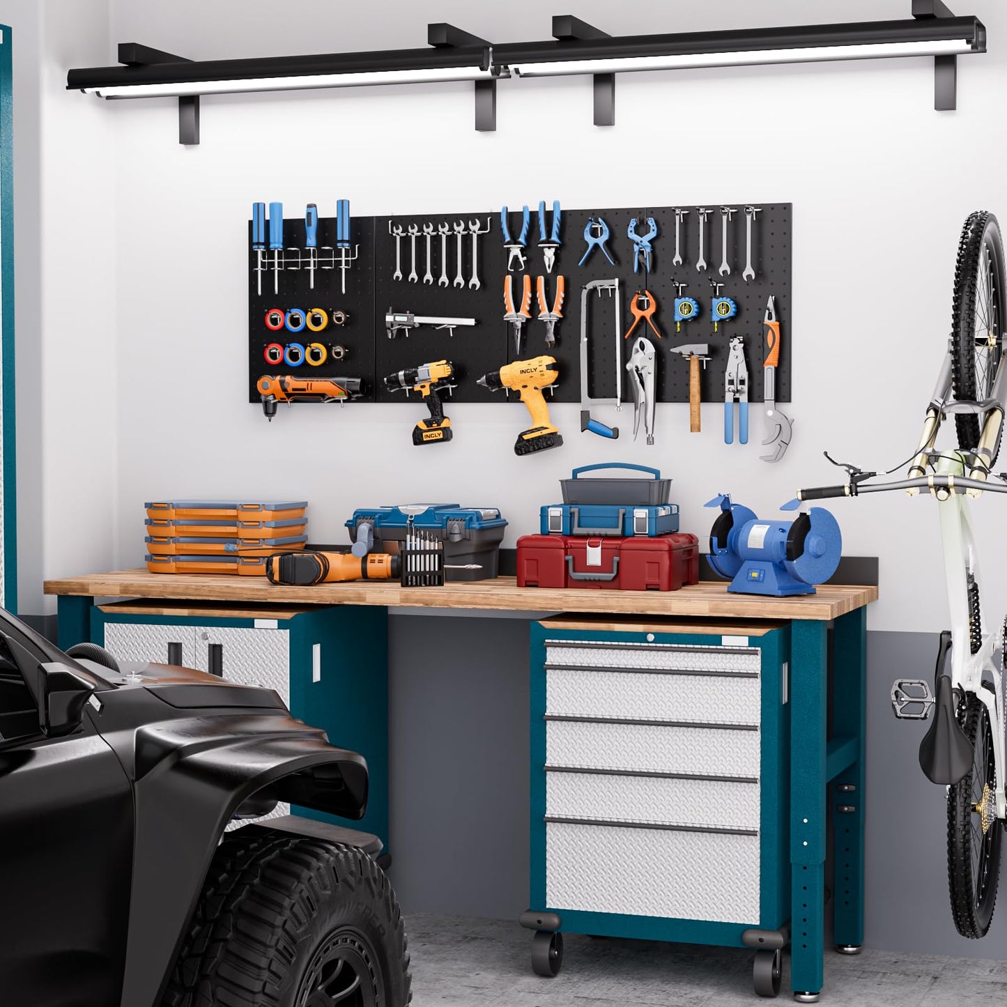 INCLY 70PCS Pegboard Wall Organizer, 4PCS Metal Peg Board Panels with 66PCS 1/4" Pegboard Hooks Accessories Kit, Black Peg Board for Walls Home, Garage Tool Storage, Workbench Organization
