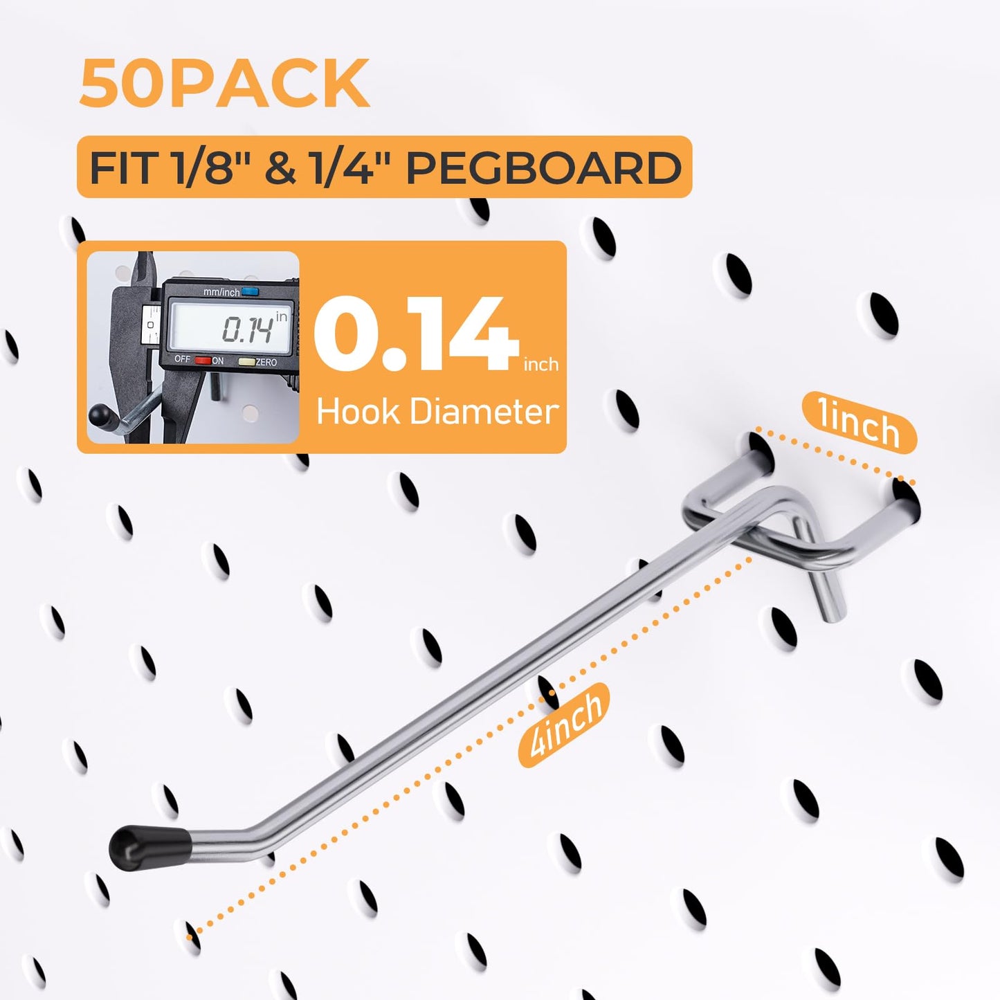 INCLY 50 Pack Pegboard Hooks, 4 Inch Metal Peg Board Hooks Accessories, Peg Board Tool Hangers Fit for 1/8“ and 1/4" Pegboard Hanging Tools for Garage, Craft Room, Kitchen, Store