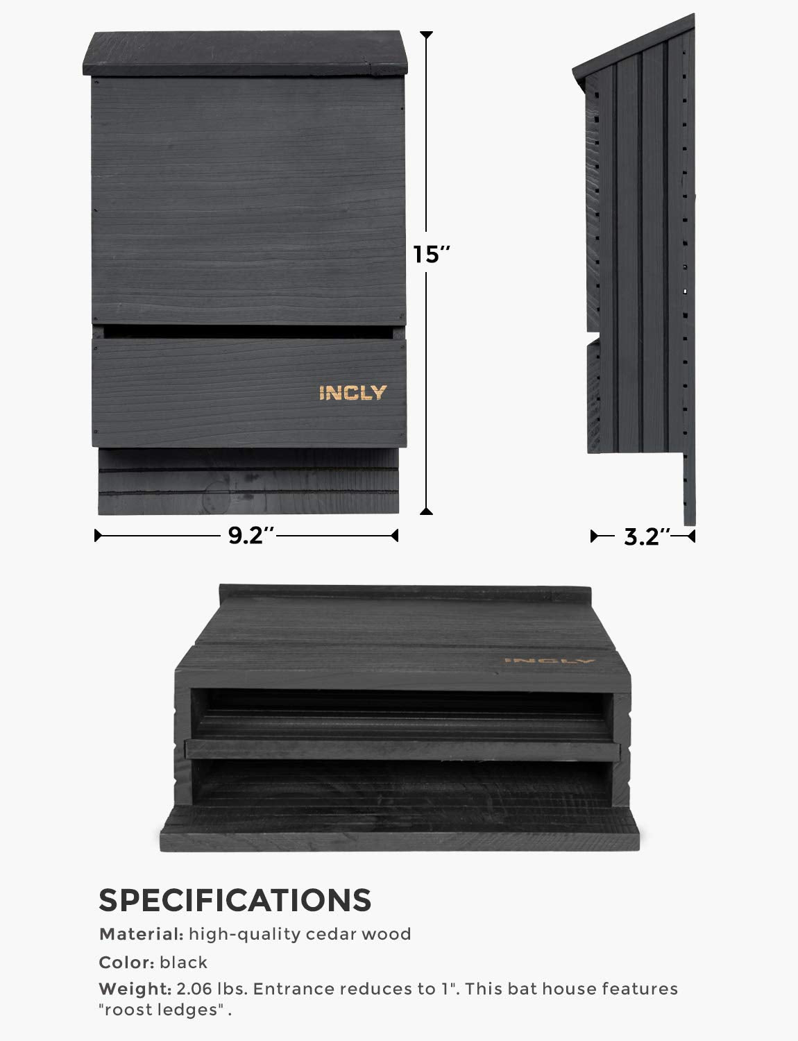 INCLY Bat House for Outdoors 15"x9.2"x3.2" Shelter Box Kit Double Chamber Black Natural Cedar Wood, Pre-Finished Easy to Install