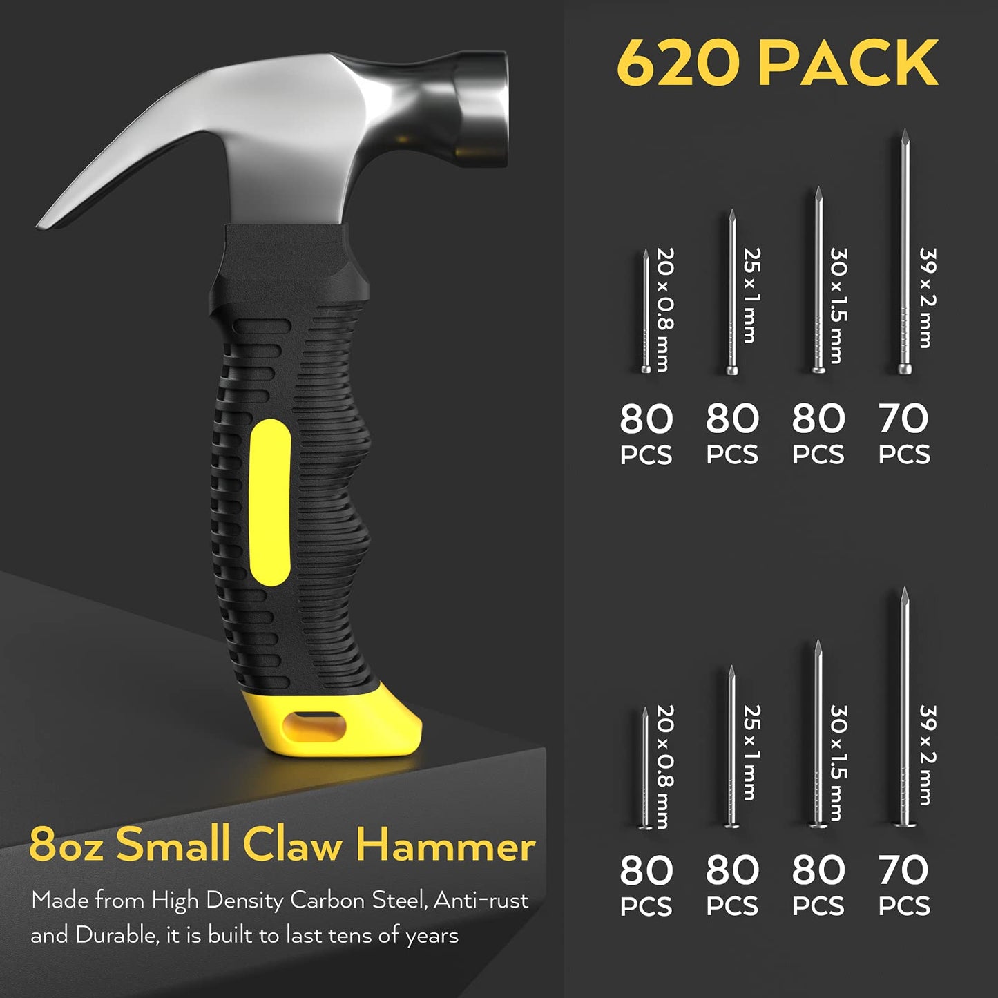 INCLY 620 PCS Small Nails for Hanging Pictures Assortment Kit with 8oz Claw Small Hammer, Mini Hammer Set with Hardware Nails Assorted Set 310 Wall Nails & 310 Finish Nails for Installing with Case