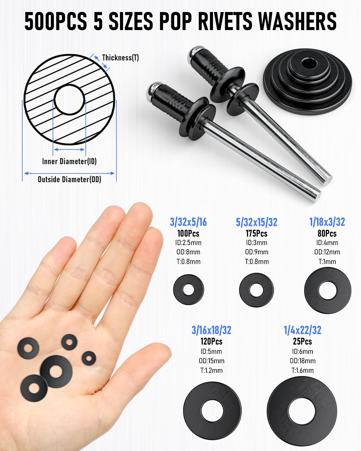 INCLY 1000PCS Pop Rivets Assortment Kit, 14 Sizes Black Rivets for Metal 3/32" 1/8" 5/32" 3/16" 1/4" and 5 Sizes 304 Stainless Steel Washers with Storage Case