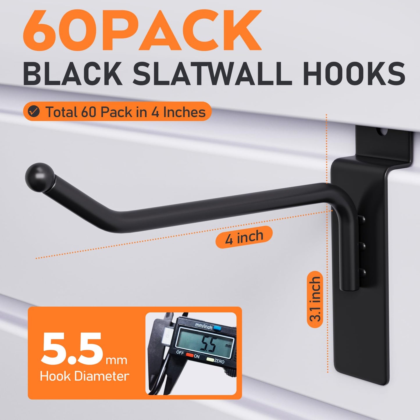 INCLY 60 Pack Slatwall Hooks, 4 Inch Heavy Duty Black Slat Wall Hanging Hook and Hanger, Slatwall Panel Accessories Assortment Display Hooks for Garages, Sheds, Basements, Retail Stores