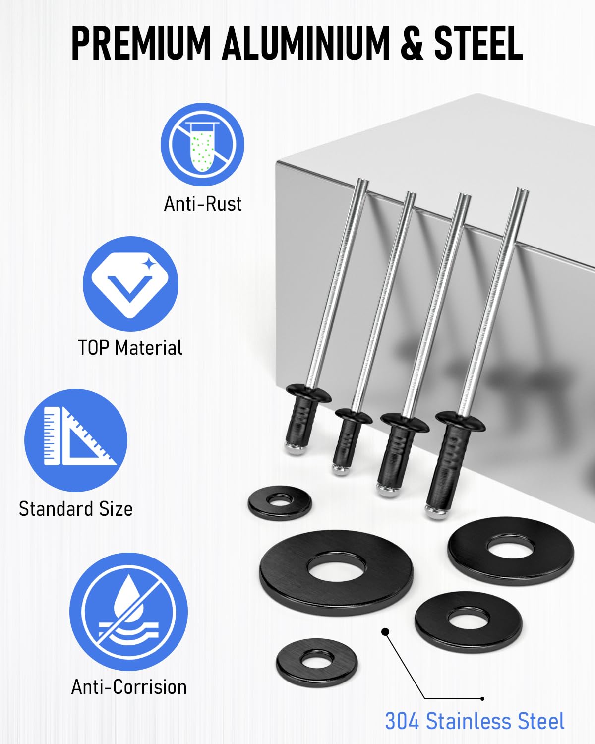 INCLY 1000PCS Pop Rivets Assortment Kit, 14 Sizes Black Rivets for Metal 3/32" 1/8" 5/32" 3/16" 1/4" and 5 Sizes 304 Stainless Steel Washers with Storage Case