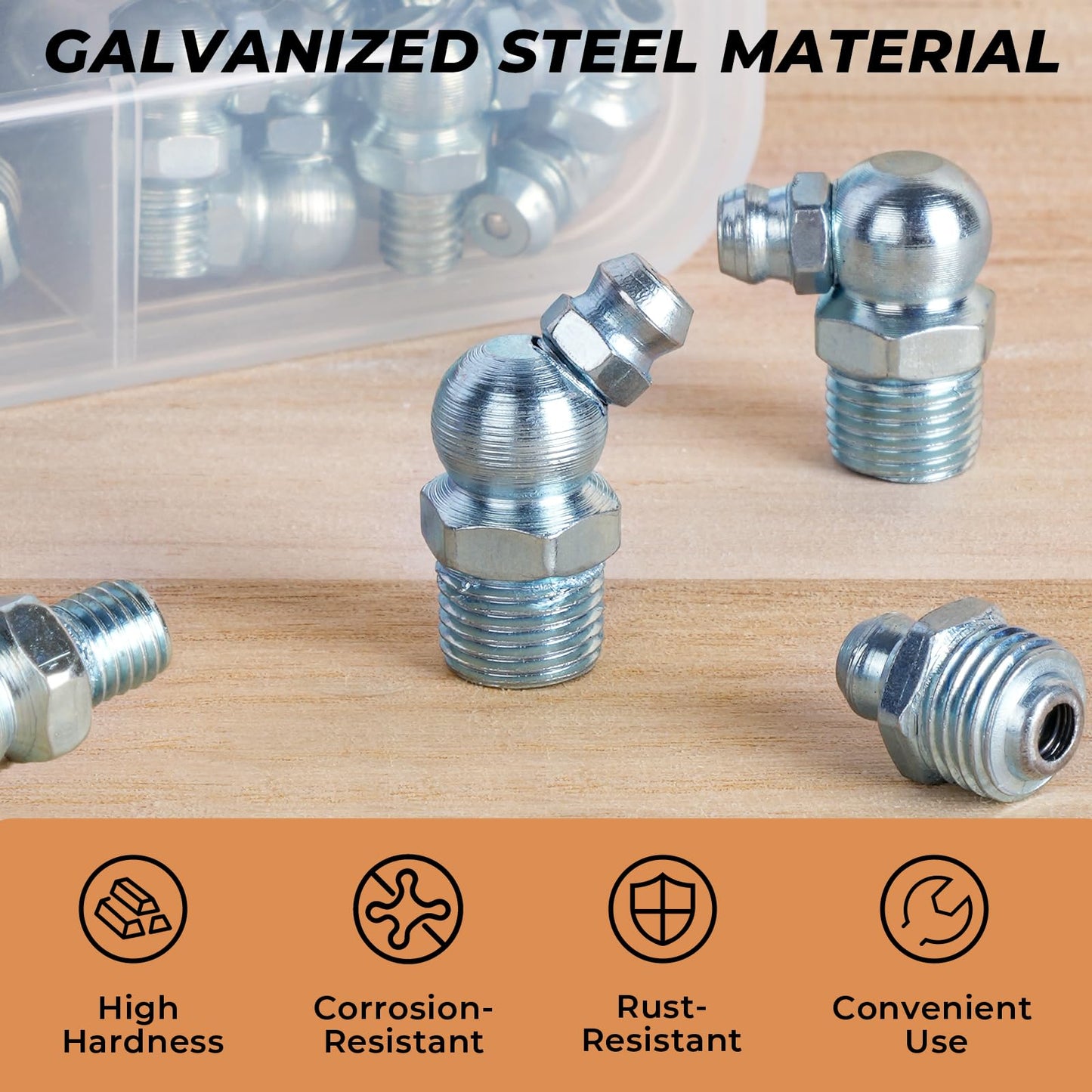 INCLY 250PCS SAE & Metric Grease Fittings Assortment, Hydraulic Zerk Grease Fittings with Wrench Kit, Galvanized Steel Straight 45 90 Degree Zerk Fitting for Garage Farm Equipment Maintenance