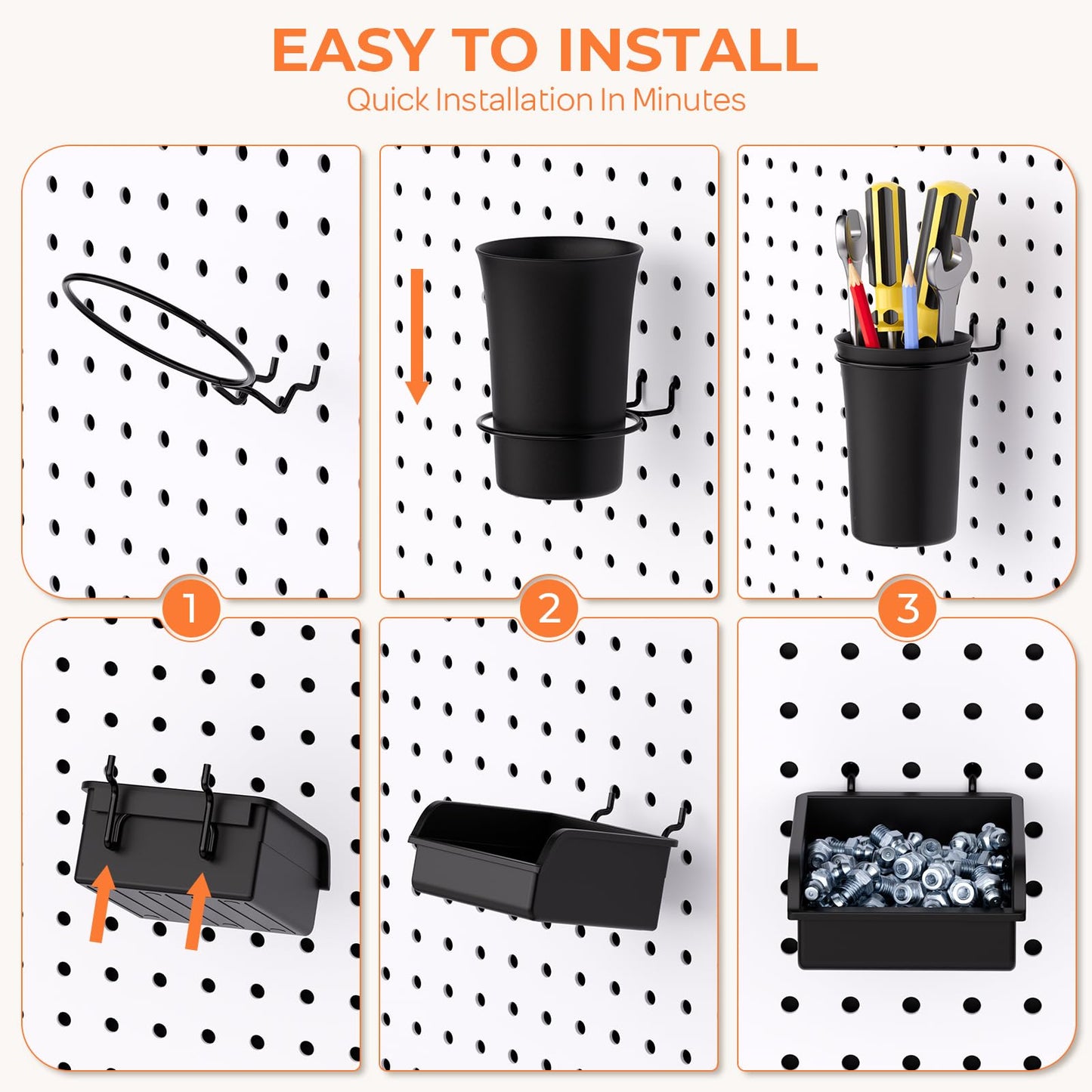 INCLY 12 Pack Pegboard Bins & Cups with Hooks, Peg Board Organizer Accessories Assortment Kit, Peg Board Tools Accessory Storage for 1/8“ and 1/4” Pegboard Garage Workbench Craft Room Office Hobby