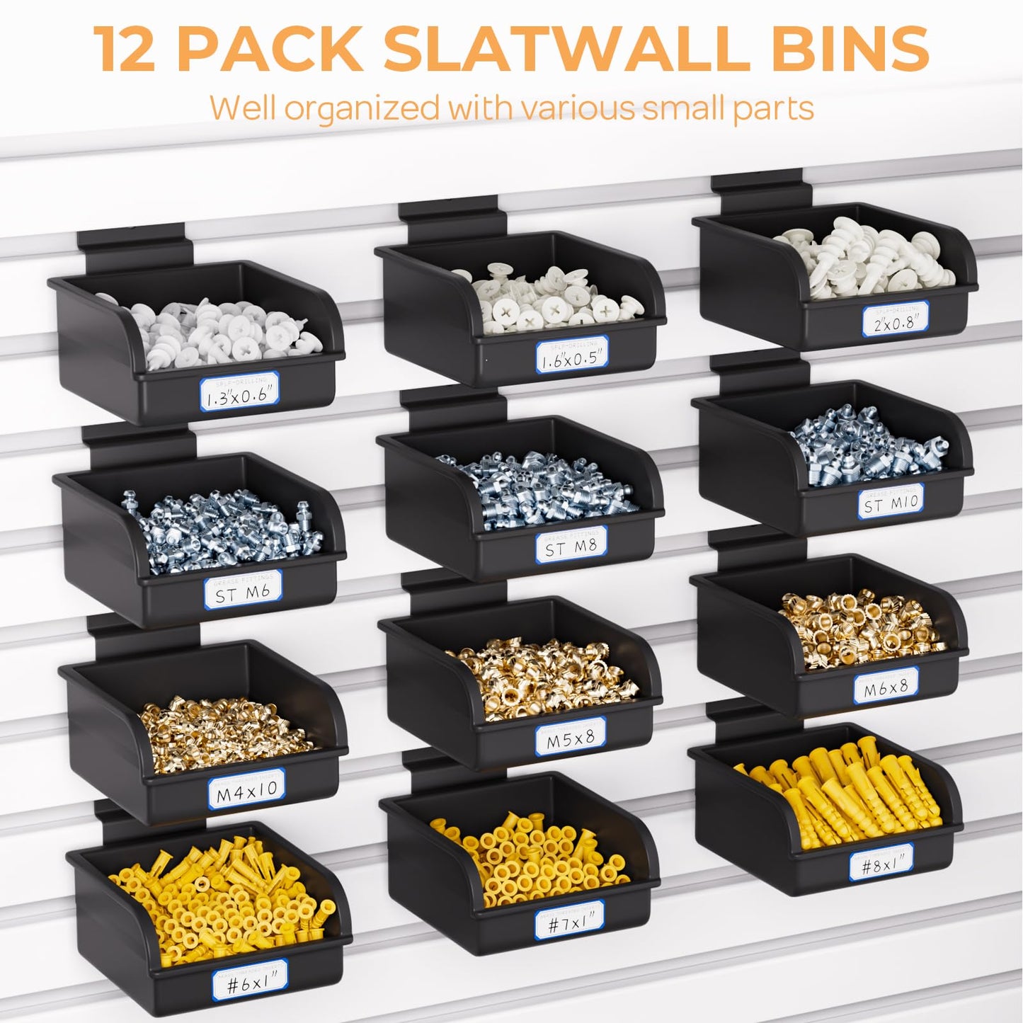 INCLY 12 Pack Slatwall Bins with Hooks, Plastic Slatwall Accessories Containers Bins for Slat Wall Panels Organizing Hardware, Garage, Craft Room, Kitchen, Tool Shed, Workbench