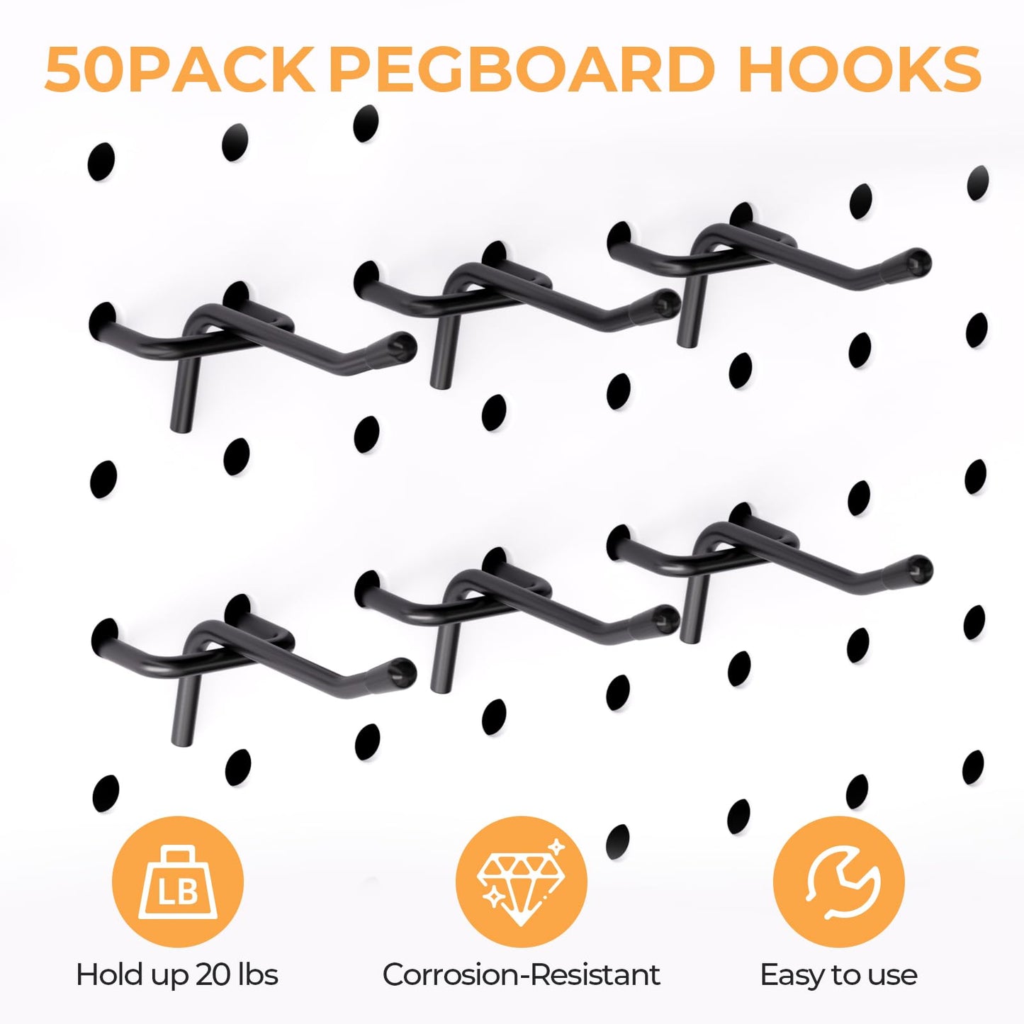 INCLY 50 Pack Black Pegboard Hooks, 2 Inch Metal Peg Board Hooks Accessories, Peg Board Tool Hangers Fit for 1/8“ and 1/4" Pegboard Hanging Tools for Garage, Craft Room, Kitchen, Store