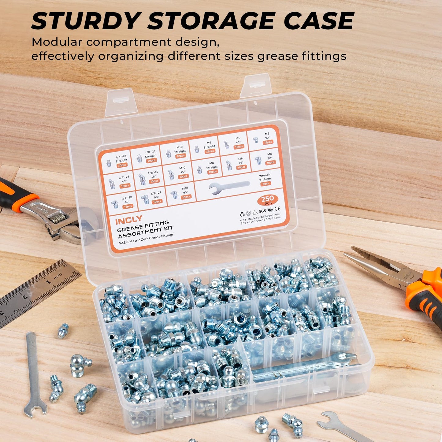 INCLY 250PCS SAE & Metric Grease Fittings Assortment, Hydraulic Zerk Grease Fittings with Wrench Kit, Galvanized Steel Straight 45 90 Degree Zerk Fitting for Garage Farm Equipment Maintenance